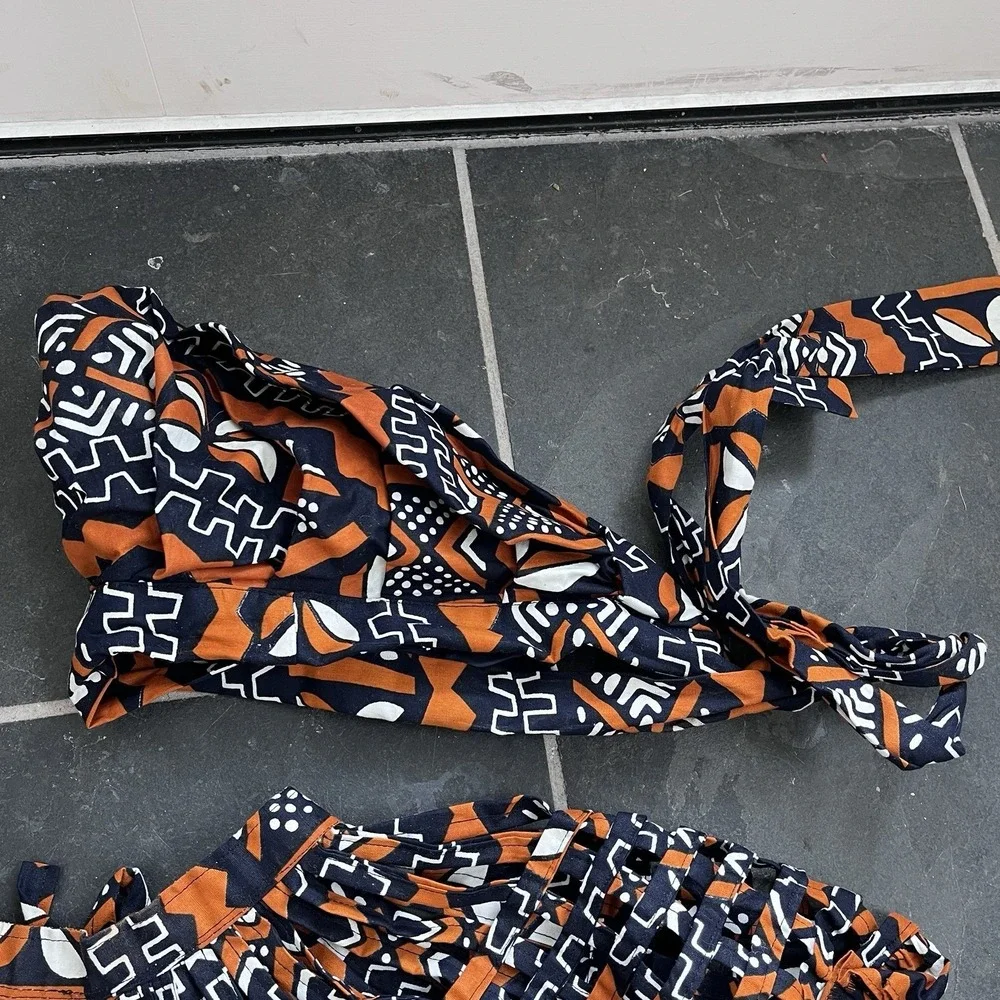 African Print Fabric Necklace Colorful Collar Neck Bib Orange Head Scarf, Bangle